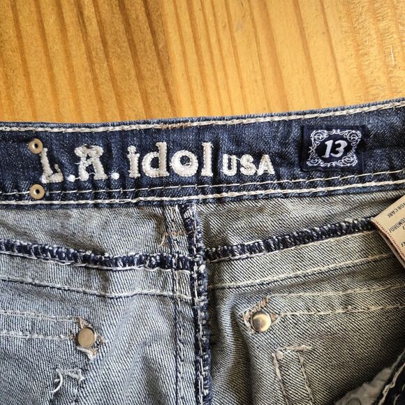 LA Idol Women Flare Jeans Bling Size 13 White Stitch Stretchy Distressed Y2K USA - Picture 5 of 9